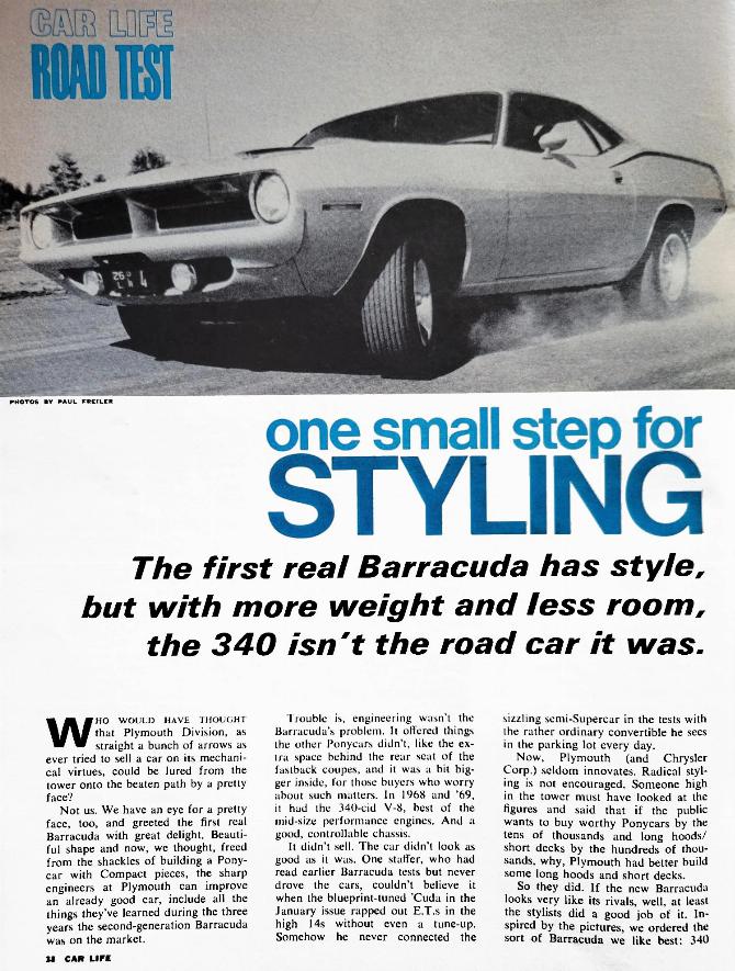 Car Life, февраль 1970 г., стр. 38, первая страница дорожного испытания Plymouth Barracuda 340 с заголовком