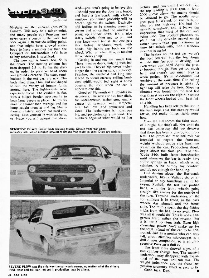 Car Life, февраль 1970 г., стр. 42, последняя страница дорожного испытания Plymouth Barracuda, с черно-белыми фотографиями в нижнем левом углу, показывающими автомобиль во время испытаний на торможение и прохождение поворотов.